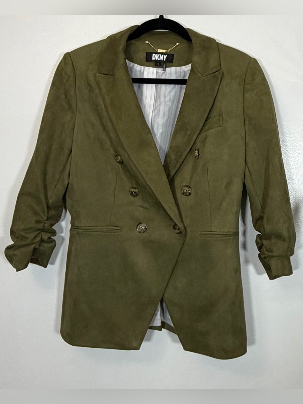 DKNY Olive Green Double-Breasted Faux Suede Blazer